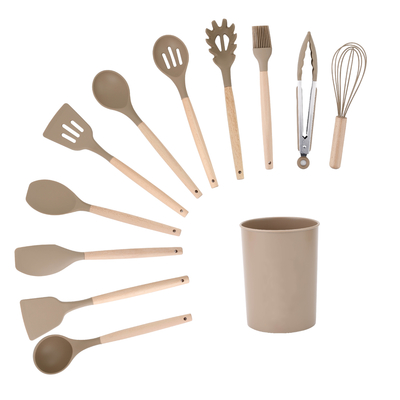 Conjunto de utensílios de cozinha de alça de madeira com caixa de suporte e ferramentas de cozinha de silicone não pegajoso