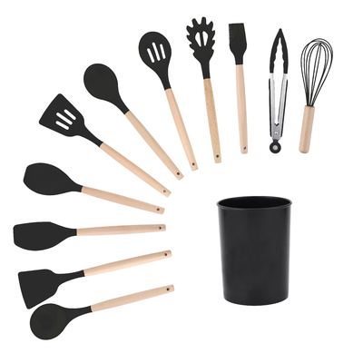 Conjunto de utensílios de cozinha de alça de madeira com caixa de suporte e ferramentas de cozinha de silicone não pegajoso