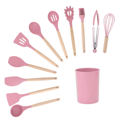 Conjunto de utensílios de cozinha de alça de madeira com caixa de suporte e ferramentas de cozinha de silicone não pegajoso