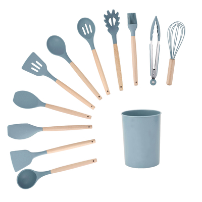 Conjunto de utensílios de cozinha de alça de madeira com caixa de suporte e ferramentas de cozinha de silicone não pegajoso