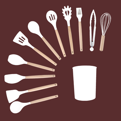 Conjunto de utensílios de cozinha de alça de madeira com caixa de suporte e ferramentas de cozinha de silicone não pegajoso