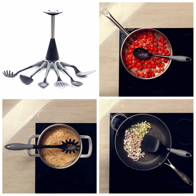 Set de utensílios de cozinha de nylon coloridos de 6 peças com alças de madeira e antiaderente para cozinhar