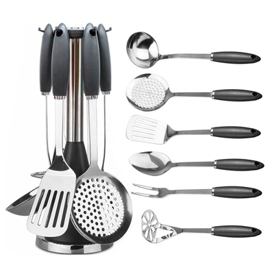 TPR manuseador de plástico 7 peças de aço inoxidável utensílios de cozinha conjunto para todos os utensílios de cozinha