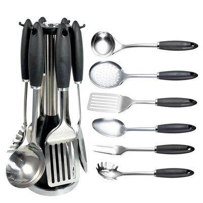 TPR manuseador de plástico 7 peças de aço inoxidável utensílios de cozinha conjunto para todos os utensílios de cozinha