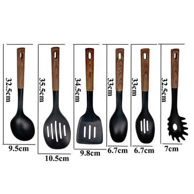 7 peças de utensílios de cozinha de nylon em preto e madeira para qualquer esquema de cores
