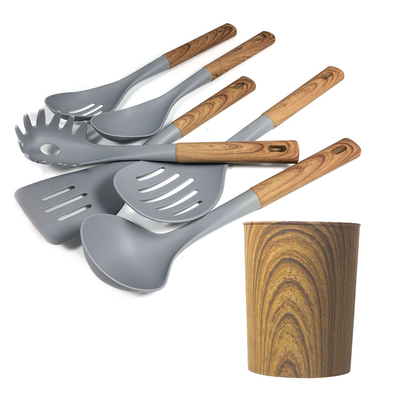 Impressão de seda ou logotipo gravado Luxuosa alça de madeira Set de utensílios de cozinha cinza