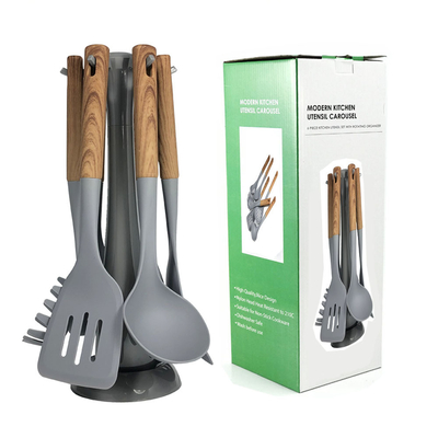 Impressão de seda ou logotipo gravado Luxuosa alça de madeira Set de utensílios de cozinha cinza