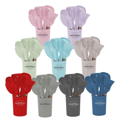 Impressão de seda ou logotipo gravado 12PCS utensílios de cozinha de silicone com suporte de plástico