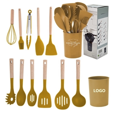 Ferramentas de cozinha antiaderente 12pcs utensílios de cozinha de silício conjunto com balde e alça de madeira