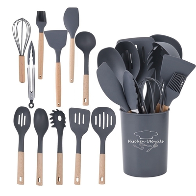 Ferramentas de cozinha antiaderente 12pcs utensílios de cozinha de silício conjunto com balde e alça de madeira