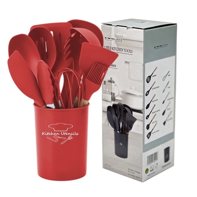 Ferramentas de cozinha antiaderente 12pcs utensílios de cozinha de silício conjunto com balde e alça de madeira