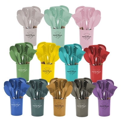 Ferramentas de cozinha antiaderente 12pcs utensílios de cozinha de silício conjunto com balde e alça de madeira