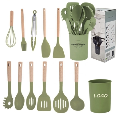 Ferramentas de cozinha antiaderente 12pcs utensílios de cozinha de silício conjunto com balde e alça de madeira