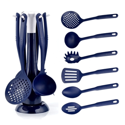 Utensílios de cozinha sustentáveis Set de 7 peças Ferramentas de nylon para utensílios de cozinha não pegajosos Azul