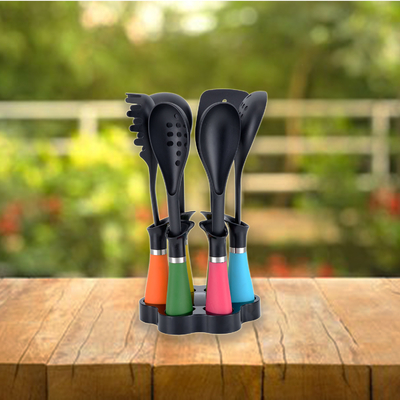 Utensílios de cozinha antiaderentes com alças coloridas de nylon66 e logotipo de impressão de seda